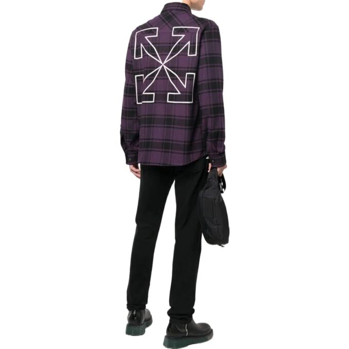 Off-White Herre Logo-trykk Rutete Langermet Mørk Lilla Skjorte