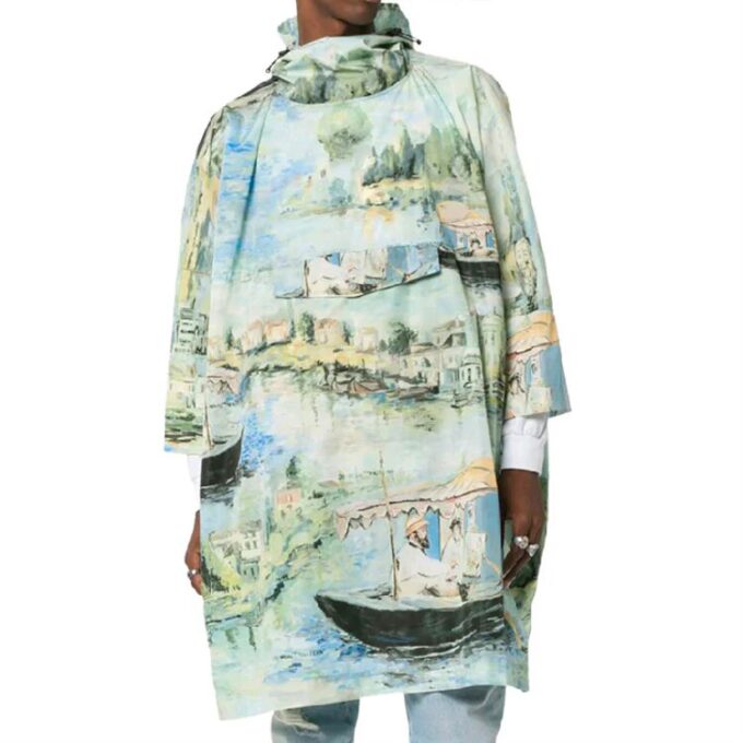Off-White Herre Maleri-mønster Midtlang Nylon Pullover med hette Løs passform Grønn Vindjakke