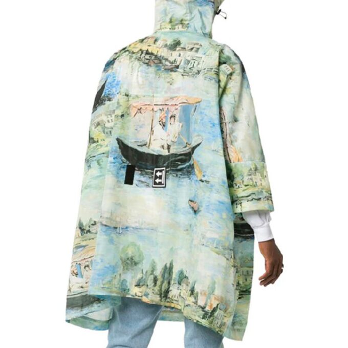 Off-White Herre Maleri-mønster Midtlang Nylon Pullover med hette Løs passform Grønn Vindjakke