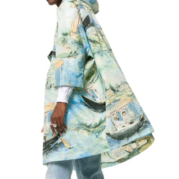 Off-White Herre Maleri-mønster Midtlang Nylon Pullover med hette Løs passform Grønn Vindjakke