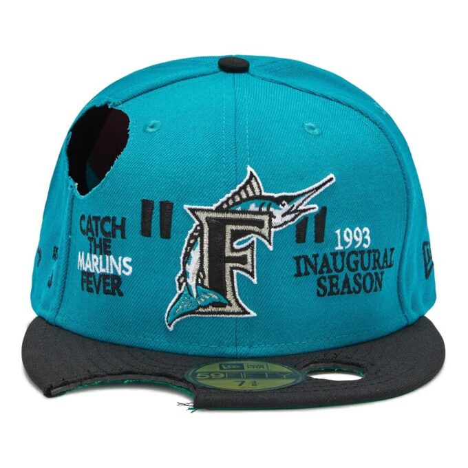 Off-White Herre MLB New Era Crossover mote med hull og brodert logo, blå cap