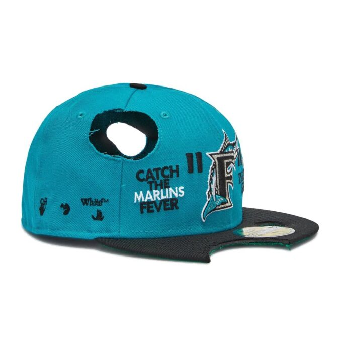 Off-White Herre MLB New Era Crossover mote med hull og brodert logo, blå cap
