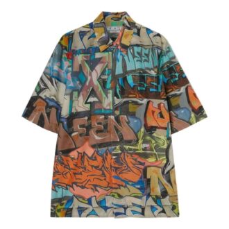 Off-White Herre-skjorte med graffititrykk og logo-mønster, kort ermet, flerfarget