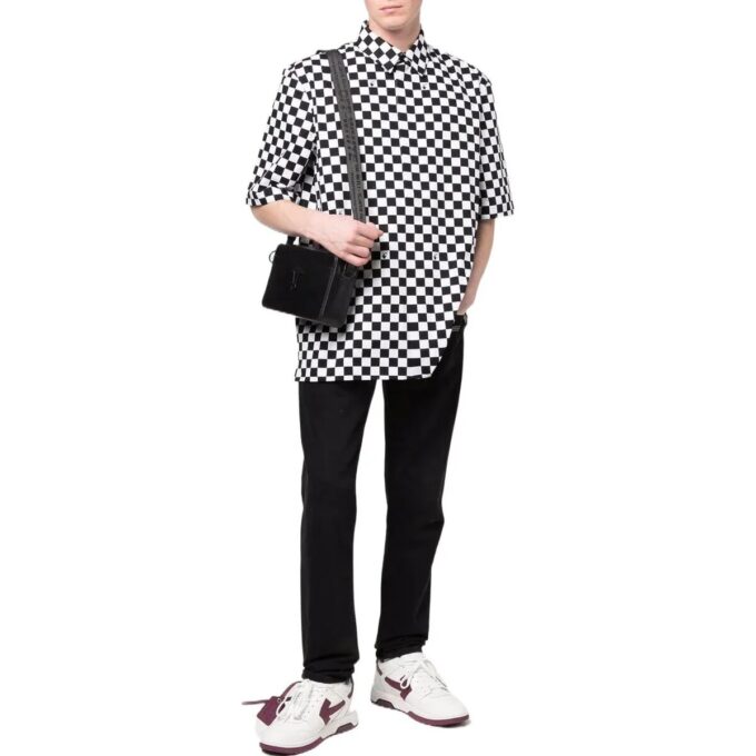 Off-White Herre Skjorte med rutemønster, revers og korte ermer, svart
