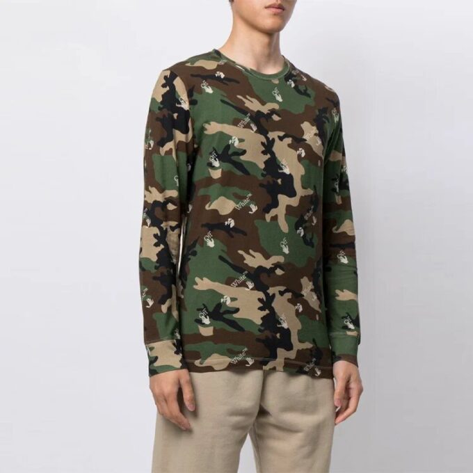 Off-White Herre SS21 Camouflage-trykk Løs Langermet Grønn T-skjorte