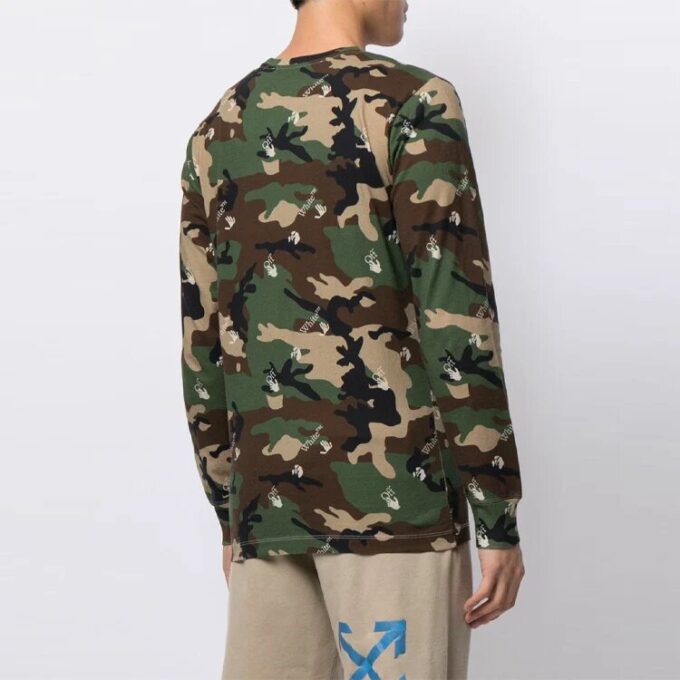 Off-White Herre SS21 Camouflage-trykk Løs Langermet Grønn T-skjorte