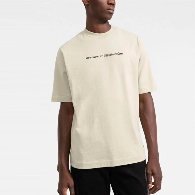 Off-White Herre SS21 Logo-mønster Kortærmet Løs passform Lys khaki T-skjorte