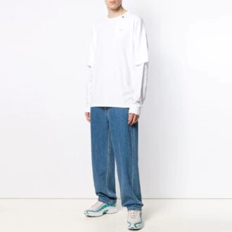 Off-White Herre SS21 Logo Twill-trykk Langermet Kremhvit T-skjorte