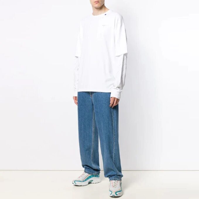Off-White Herre SS21 Logo Twill-trykk Langermet Kremhvit T-skjorte