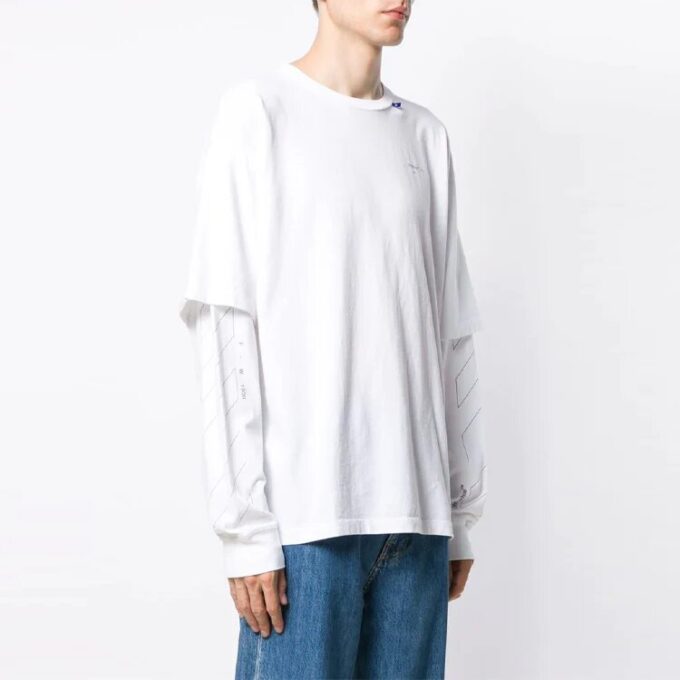 Off-White Herre SS21 Logo Twill-trykk Langermet Kremhvit T-skjorte