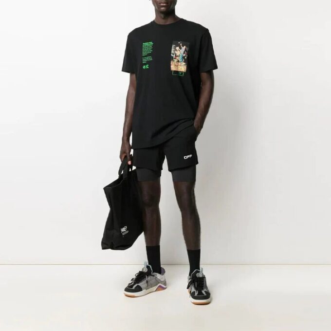 Off-White Herre SS21 Løse sykkelshorts med alfabetmønster i livet, svart