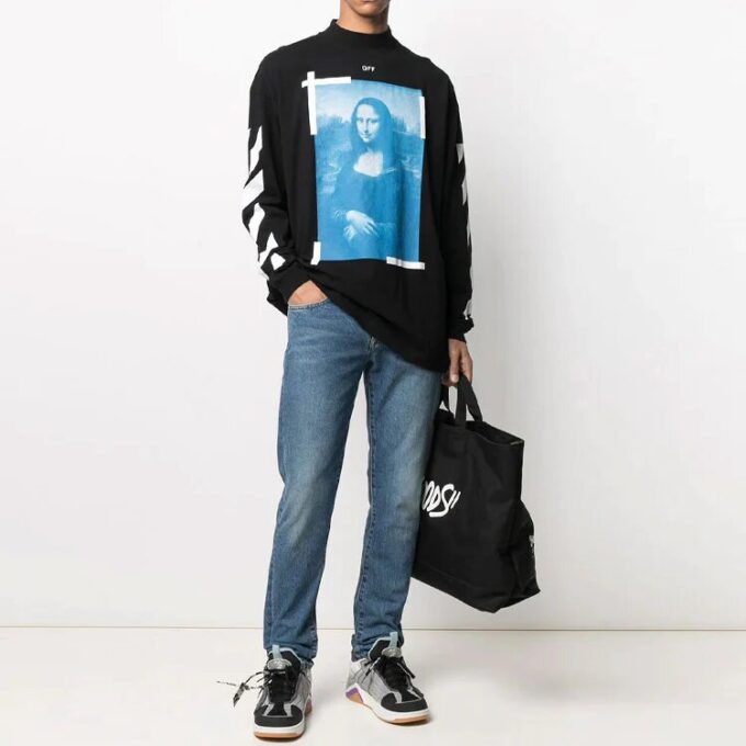 Off-White Herre SS21 Mona Lisa-mønster Pullover Svart