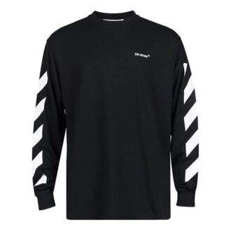 Off-White Herre SS22 Diag Alphabet Stripe Pattern Pullover Langermet Løs Passform Svart T-skjorte