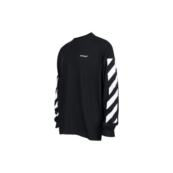 Off-White Herre SS22 Diag Alphabet Stripe Pattern Pullover Langermet Løs Passform Svart T-skjorte