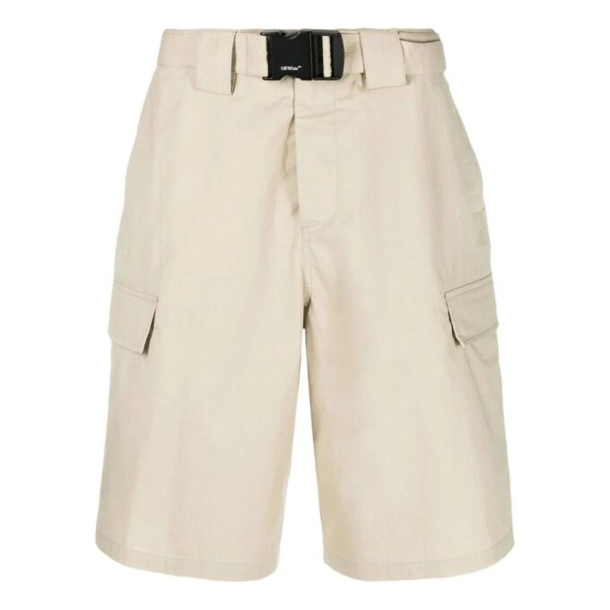 Off-White Herre SS22 Ensfarget Bermudashorts med høy midje, minimalistisk utførelse, beige