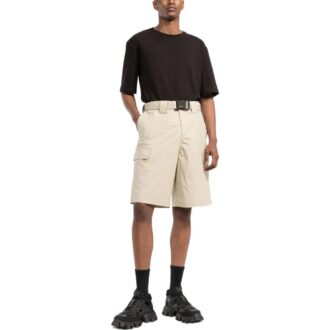 Off-White Herre SS22 Ensfarget Bermudashorts med høy midje, minimalistisk utførelse, beige
