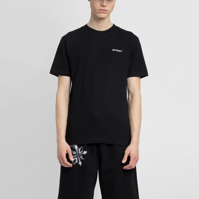 Off-White Herre SS22 ensfarget bomulls-Shorts med trykk, kort ermet, svart