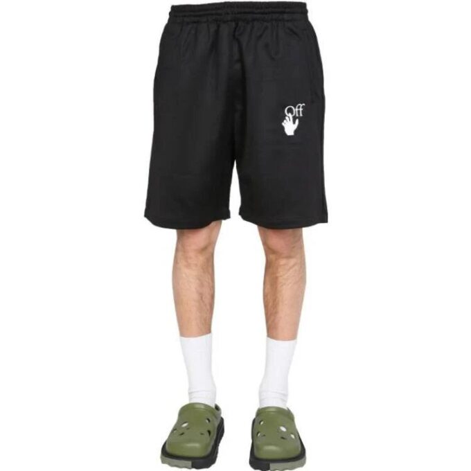 Off-White Herre SS22 Ensfarget Logo-trykk Elastisk linning Rette Shorts Vanlig versjon Svart