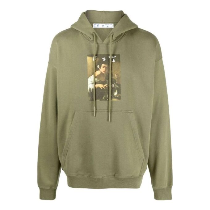 Off-White Herre SS22 Ensfarget med illustrasjonstrykk, hette og lange ermer, grønn