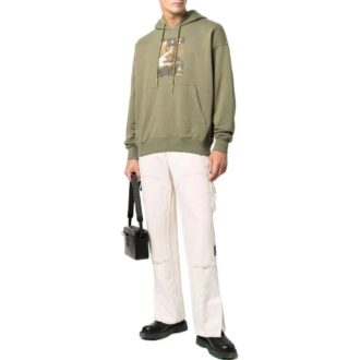Off-White Herre SS22 Ensfarget med illustrasjonstrykk, hette og lange ermer, grønn