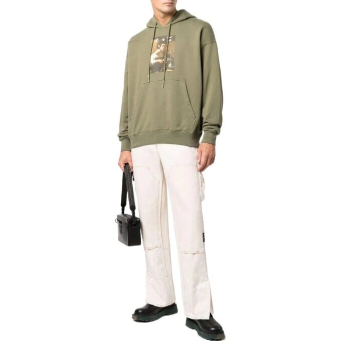 Off-White Herre SS22 Ensfarget med illustrasjonstrykk, hette og lange ermer, grønn