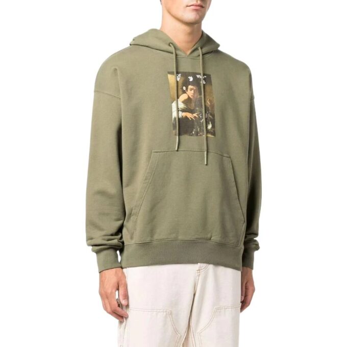 Off-White Herre SS22 Ensfarget med illustrasjonstrykk, hette og lange ermer, grønn
