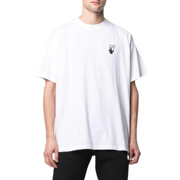 Off-White Herre SS22 Ensfarget med pil-logo, rund hals, korte ermer, løs passform, hvit T-skjorte
