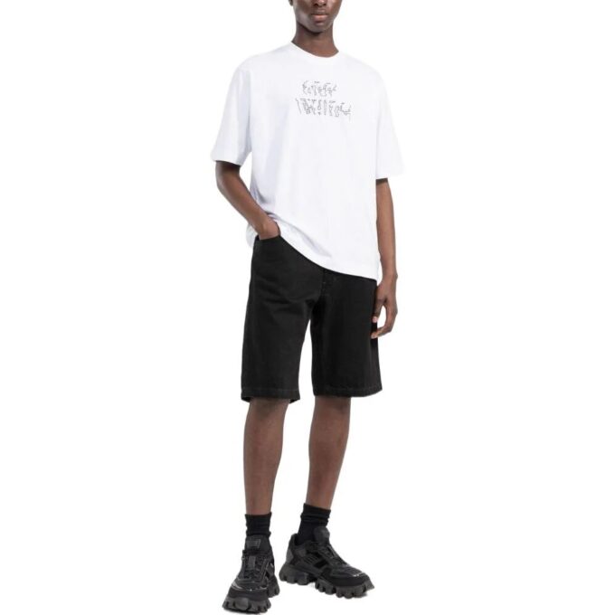 Off-White Herre SS22 Ensfarget T-skjorte med pilemønster og korte Shorts, hvit