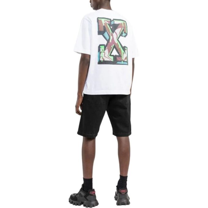 Off-White Herre SS22 Ensfarget T-skjorte med pilemønster og korte Shorts, hvit