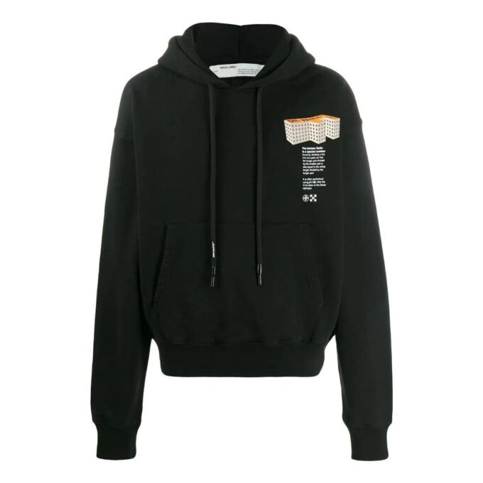 Off-White Herre SS22 Ensfarget trykk med hette og lange ermer, svart