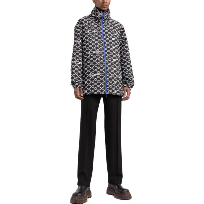 Off-White Herre SS22 Geometrisk mønster Fulltrykk Stående krage Hettejakke Versjon Høst Svart