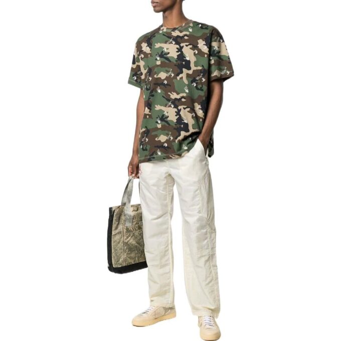 Off-White Herre SS22 Kamuflasjemønster Rundhalset Short Versjon Grønn T-skjorte