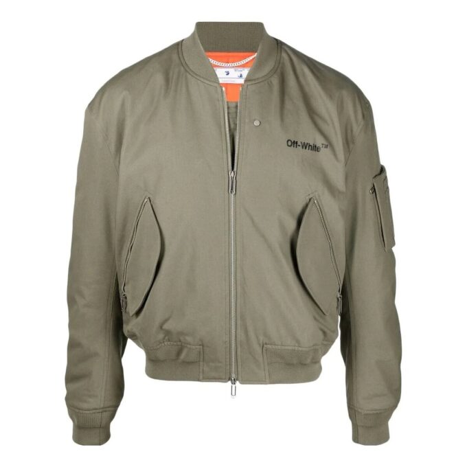 Off-White Herre SS22 Logo-brodert ribbet krage flygerjakke militærgrønn