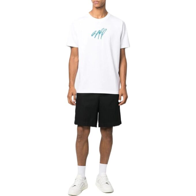 Off-White Herre SS22 Rundhalset pullover med broderi, kort shorts, hvit T-skjorte