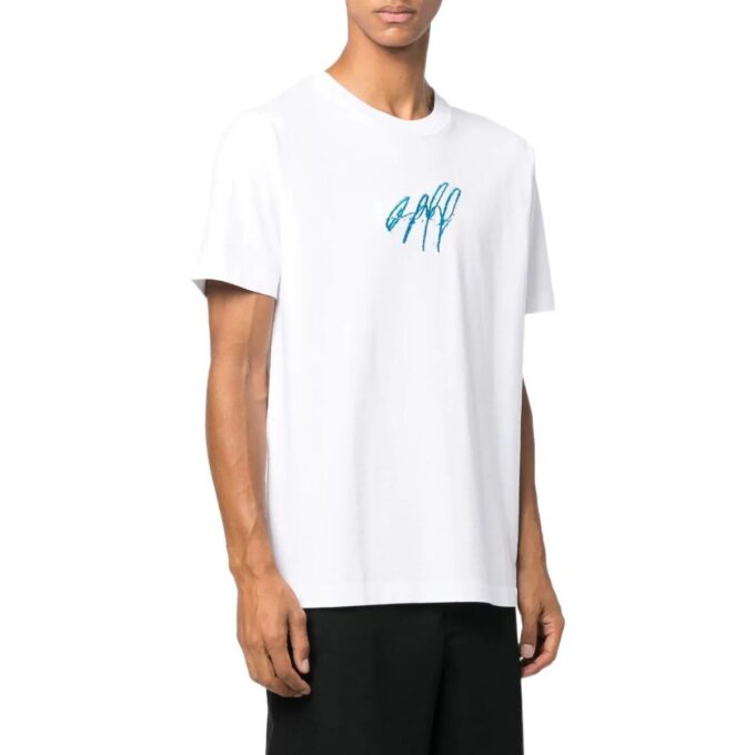 Off-White Herre SS22 Rundhalset pullover med broderi, kort shorts, hvit T-skjorte