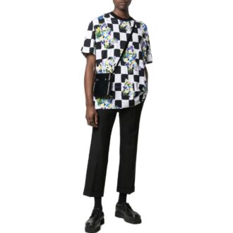 Off-White Herre SS22 Rutete blomstertrykk Rund hals Kort ermet Løs passform Svart T-skjorte