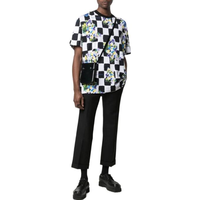 Off-White Herre SS22 Rutete blomstertrykk Rund hals Kort ermet Løs passform Svart T-skjorte