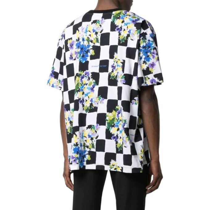 Off-White Herre SS22 Rutete blomstertrykk Rund hals Kort ermet Løs passform Svart T-skjorte