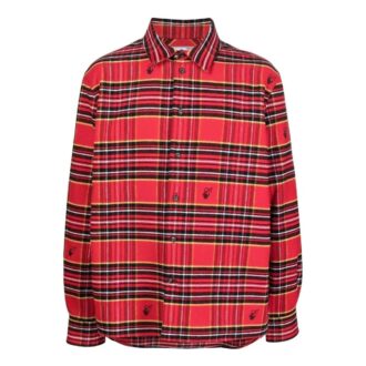 Off-White Herre SS22 Rutete Logo Brodert Revers Langermet Løs Passform Rød Skjorte