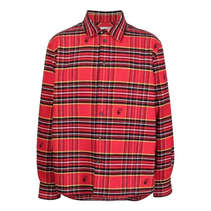 Off-White Herre SS22 Rutete Logo Brodert Revers Langermet Løs Passform Rød Skjorte