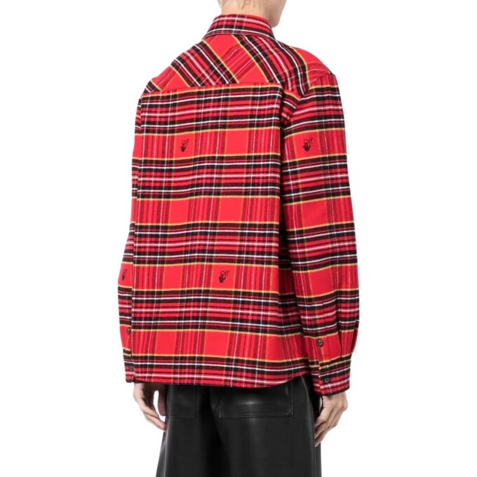 Off-White Herre SS22 Rutete Logo Brodert Revers Langermet Løs Passform Rød Skjorte