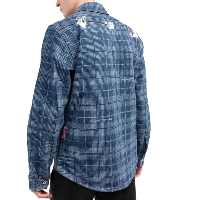 Off-White Herre SS22 Rutete Rygglogo-trykk Enkeltradet Langermet Vanlig versjon Blå Skjorte