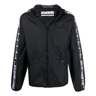 Off-White Herre SS22 Splicing Retro Sports Logo Jacquard Glidelåsjakke med hette Svart