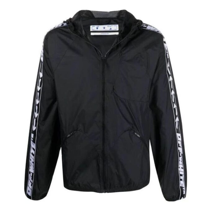 Off-White Herre SS22 Splicing Retro Sports Logo Jacquard Glidelåsjakke med hette Svart