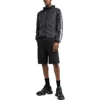 Off-White Herre SS22 Splicing Retro Sports Logo Jacquard Glidelåsjakke med hette Svart