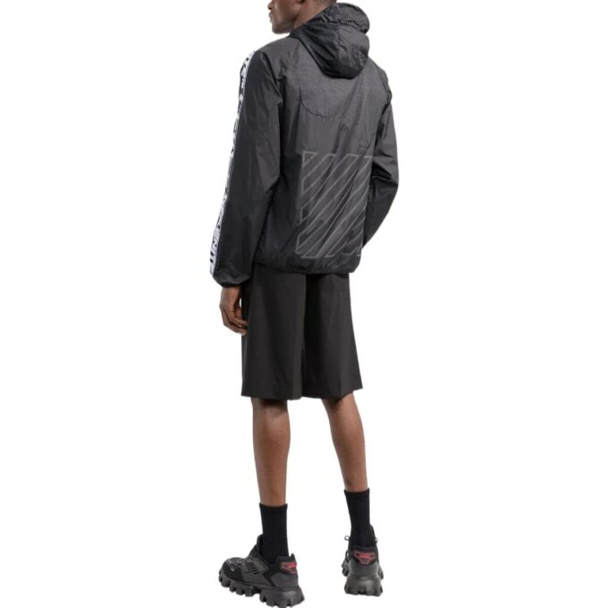 Off-White Herre SS22 Splicing Retro Sports Logo Jacquard Glidelåsjakke med hette Svart