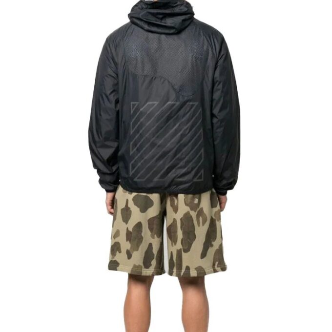Off-White Herre SS22 Splicing Retro Sports Logo Jacquard Glidelåsjakke med hette Svart