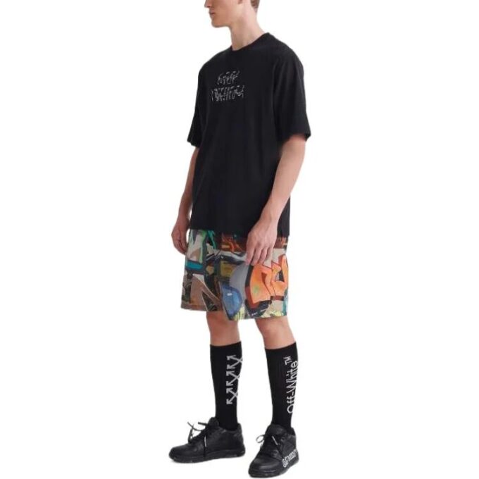 Off-White Herre SS22 T-skjorte med pilmønster, rund hals, korte ermer og løs passform, svart
