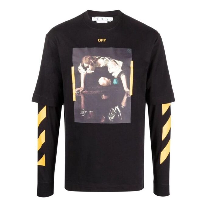 Off-White Herre SS22 Trykt Rundhalset Langermet Versjon Svart T-skjorte
