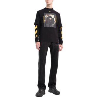 Off-White Herre SS22 Trykt Rundhalset Langermet Versjon Svart T-skjorte